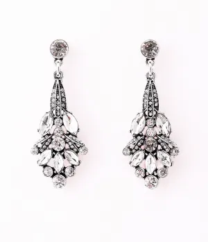 1920s Style Silver Rhinestone Nouveau Flower Drop Earrings