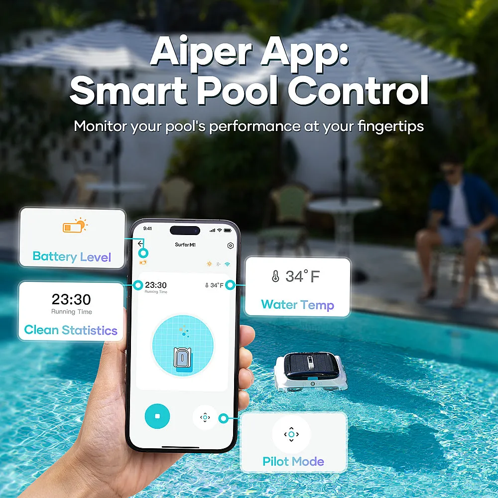 Aiper - Surfer M1 Solar Powered Automatic Robotic Pool Skimmer Cleaner, Lasts 12 Hours, App Control, Ultrasonic Detection - White