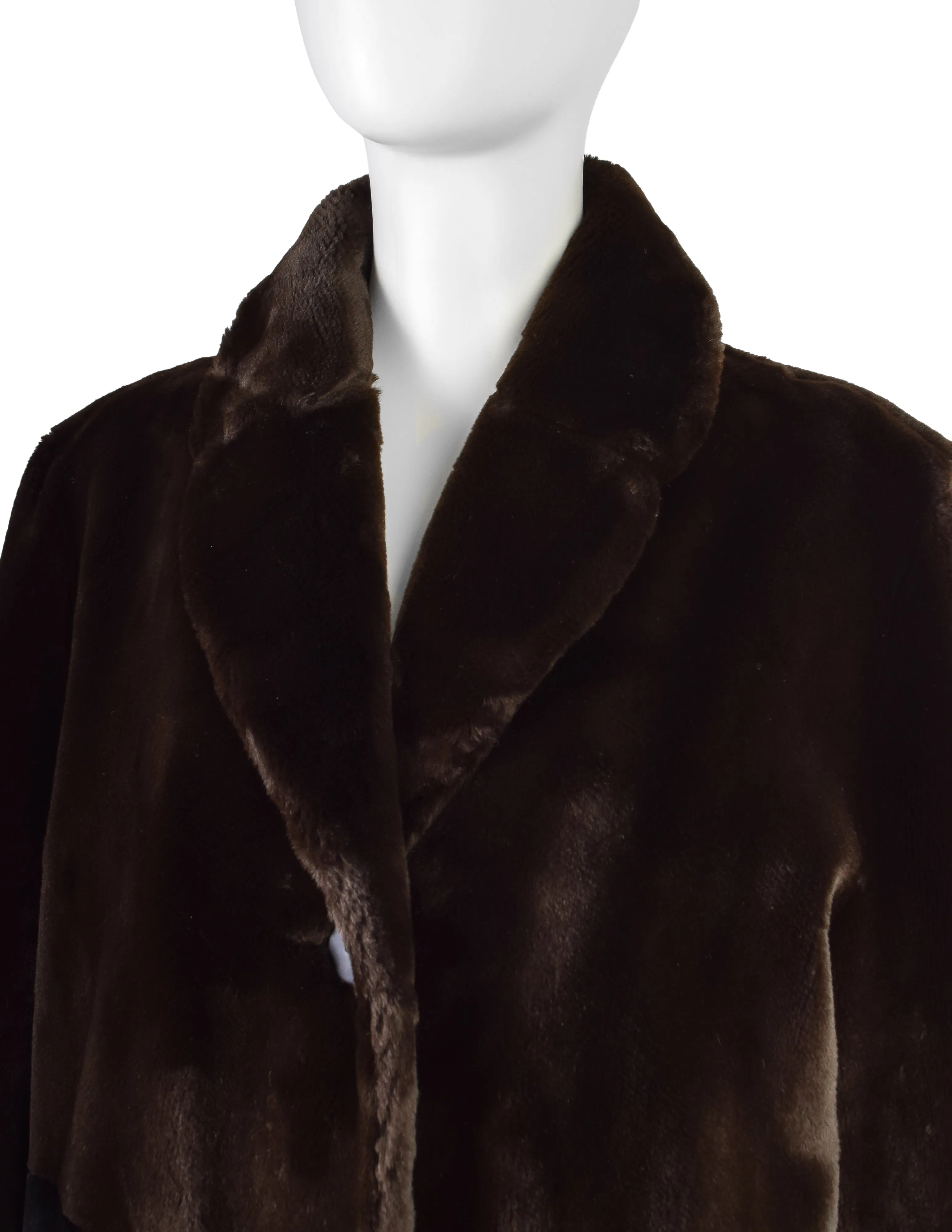 Bottega Veneta Vintage 1990s Two Tone Brown Black Faux Fur Coat