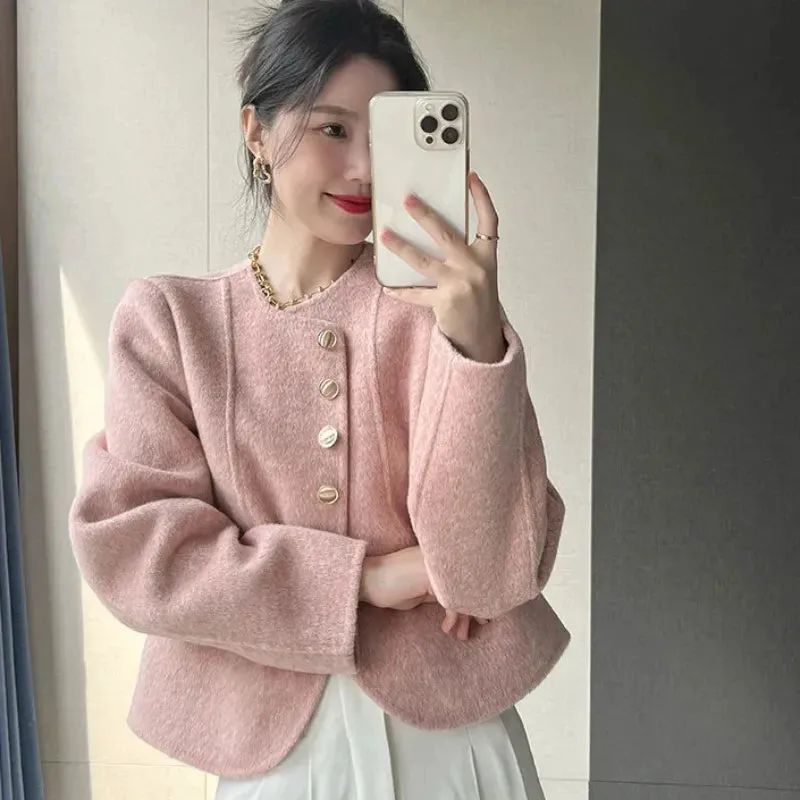 Cropped Blends Women Vintage Elegant Short Wool Coat Korean Single Breasted Jackets Sweet Casual All Match Outerwear Tops