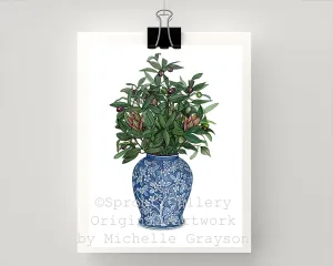 Print of an antique blue and white Delft vase with olive branches