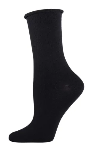 Women's Bamboo Solid Black Rolltop Crew Sock